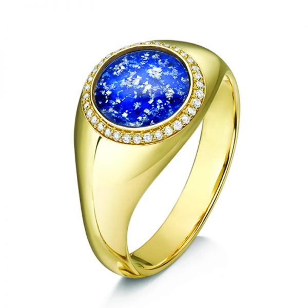blue gold halo round signet ring